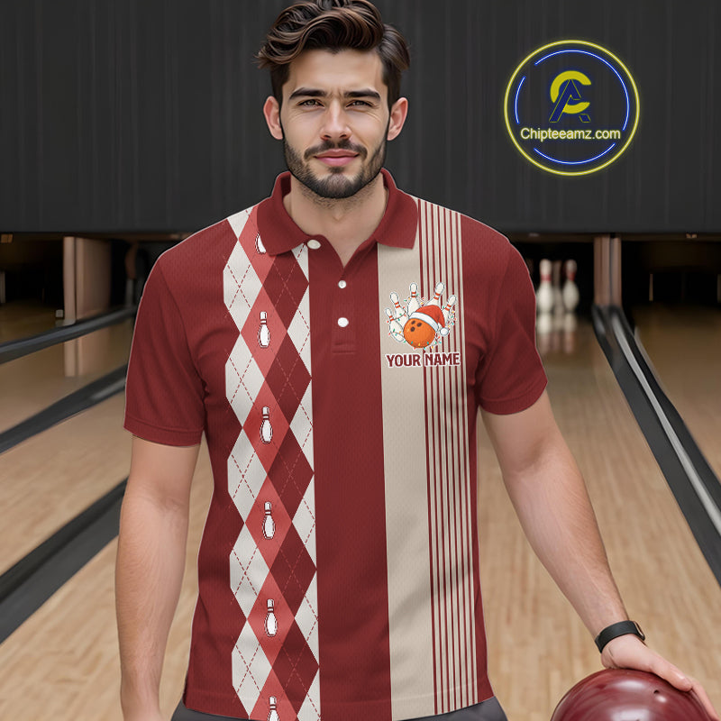 Retro Red argyle pattern Christmas Santa Bowling shirts For Men custom bowling team jerseys Outfits NQS10994