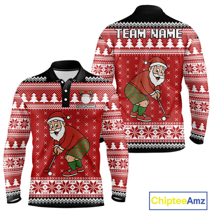 Funny Santa Golf Polo shirts For men Red ugly Christmas pattern Custom mens Christmas golf shirts NQS11000