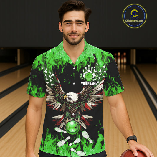 Green flame Hawaiian bowling shirts Custom American flag Eagle Team bowling shirts, gift for bowlers NQS11188