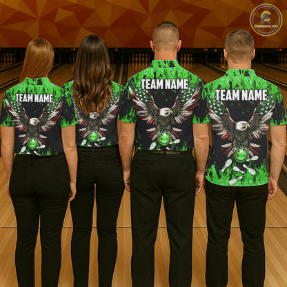 Green flame Womens bowling shirts Custom American flag Eagle Team bowling shirts, gift for bowlers NQS11188