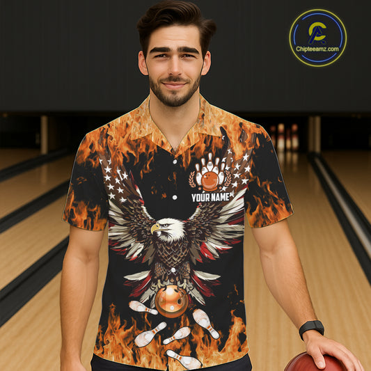Orange flame Hawaiian bowling shirts Custom American flag Eagle Team bowling shirts, gift for bowlers NQS11189