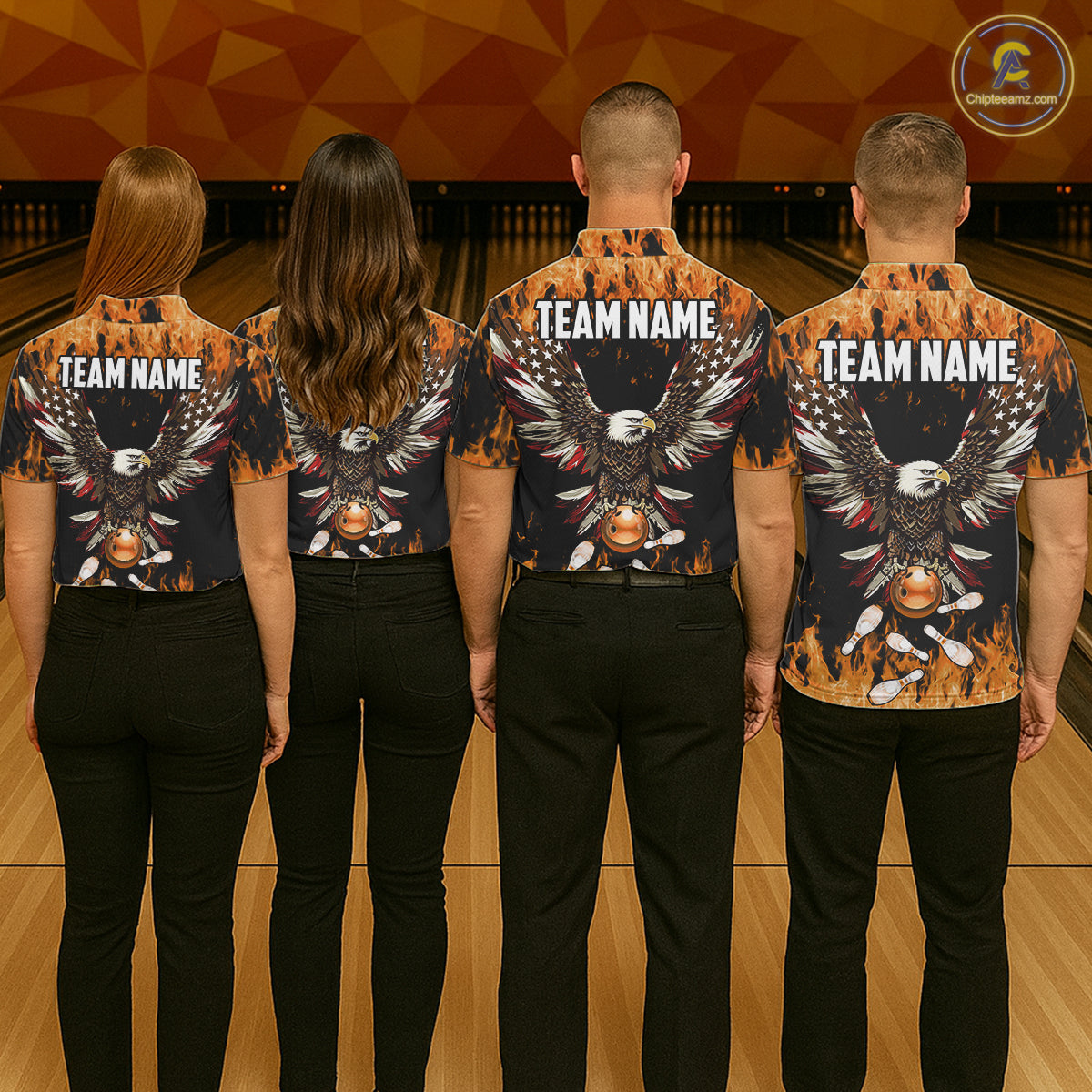 Orange flame Womens bowling shirts Custom American flag Eagle Team bowling shirts, gift for bowlers NQS11189