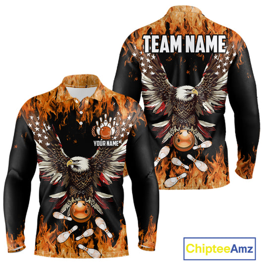 Orange flame Mens bowling shirts Custom American flag Eagle Team bowling shirts, gift for bowlers NQS11189