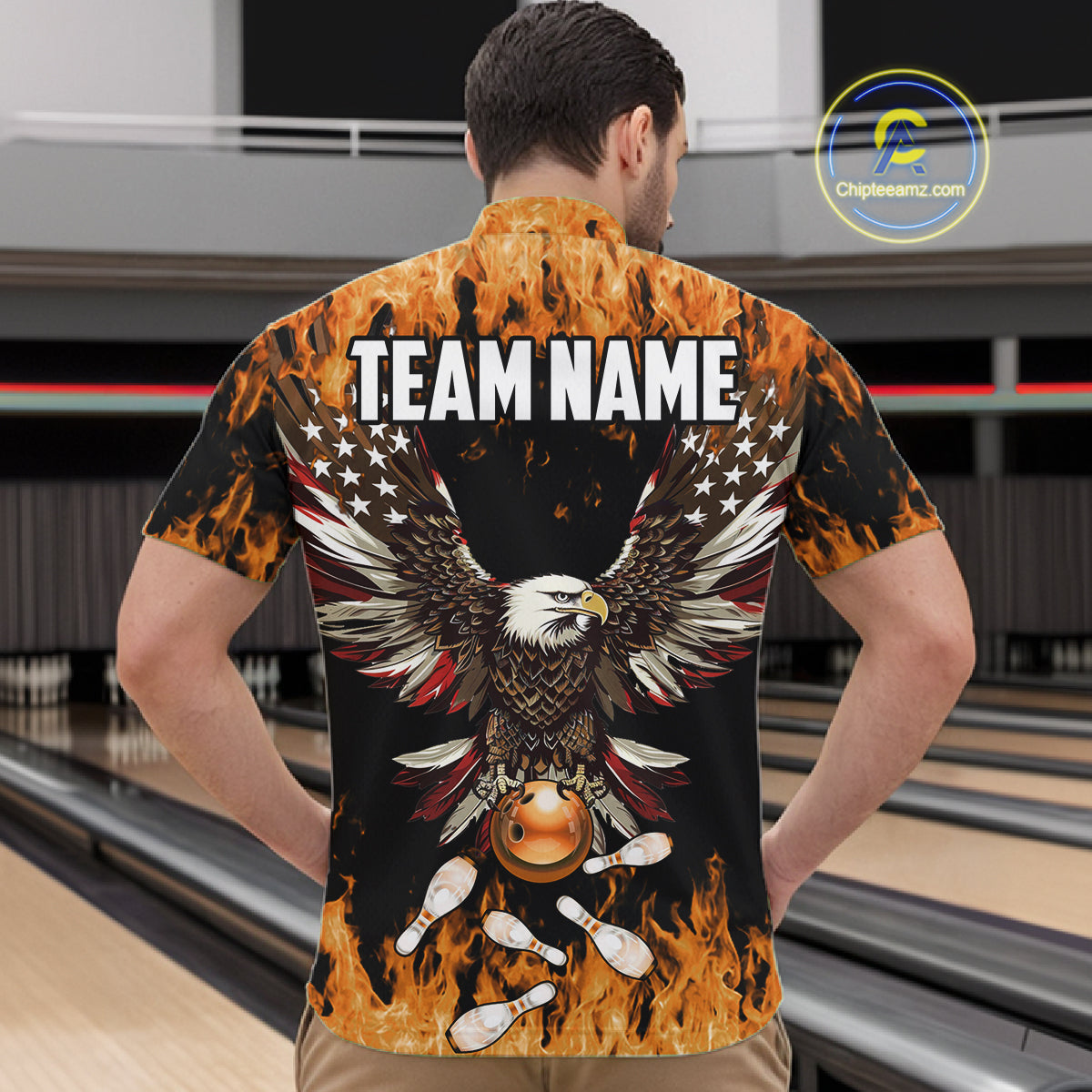 Orange flame Mens bowling shirts Custom American flag Eagle Team bowling shirts, gift for bowlers NQS11189