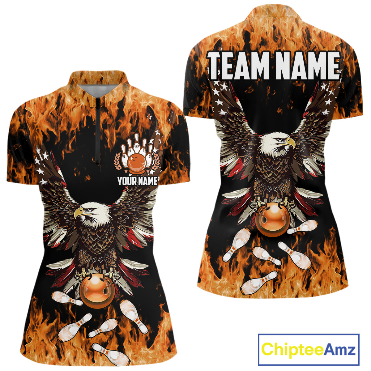 Orange flame Womens bowling shirts Custom American flag Eagle Team bowling shirts, gift for bowlers NQS11189
