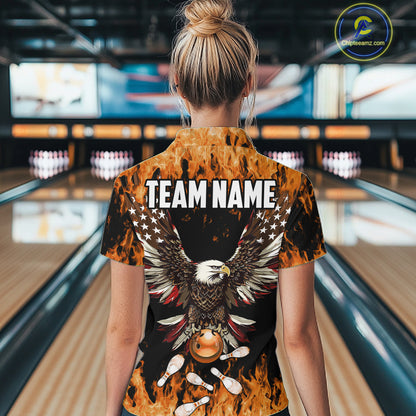 Orange flame Womens bowling shirts Custom American flag Eagle Team bowling shirts, gift for bowlers NQS11189