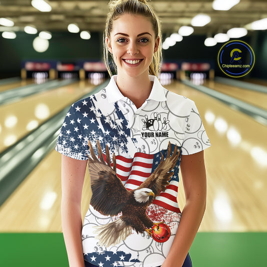 Red, White, Blue American Flag Eagle Women Bowling Shirts Custom Patriotic Camo Bowling Team Jersey NQS11192