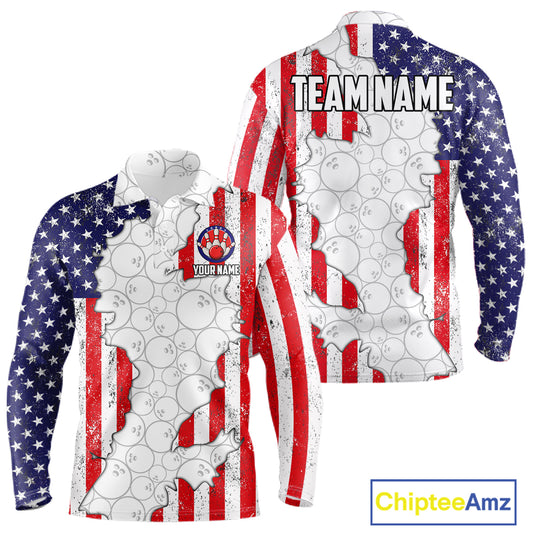 Personalized Red, White and Blue American Flag Bowling Team Shirts For Men, Patriotic Bowling Gifts NQS11197