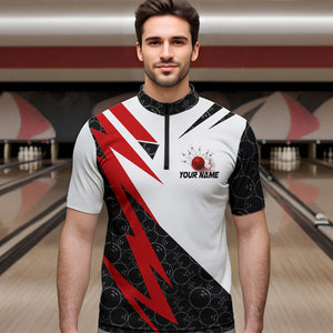 Black and White Bowling Polo, Quarter Zip Shirt for Men Custom Lightning Team bowling jerseys | Red NQS9324