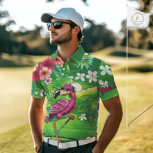 Load image into Gallery viewer, Personalized Green tropical flower flamingo golf shirt for Men custom team golf shirts NQS11399