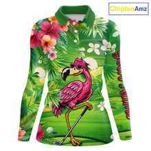Load image into Gallery viewer, Personalized Green tropical flower flamingo golf polo shirt for Women custom team golf shirts NQS11399