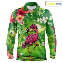 Load image into Gallery viewer, Personalized Green tropical flower flamingo golf shirt for Men custom team golf shirts NQS11399