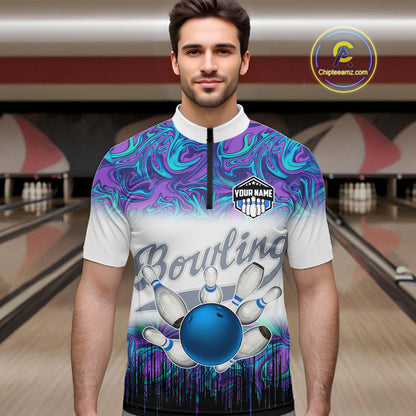 Men bowling Quarter Zip shirt Custom blue purple marble pattern bowling Team Jerseys, gift for bowlers NQS7141