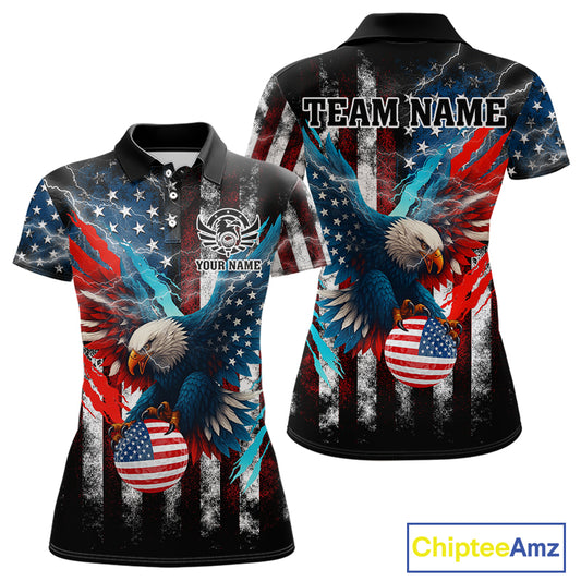 Personalized American Flag Eagle Lightning Thunder Golf Polo Shirts For Women, Patriotic Golfing Gift NQS11717