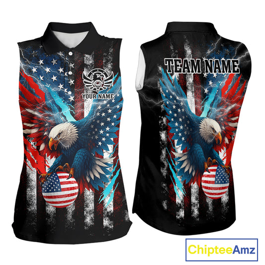 Personalized American Flag Eagle Lightning Thunder Sleeveless Golf Polo Shirt, Patriotic Golfing Gift NQS11717