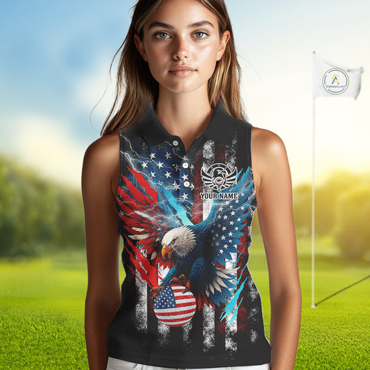 Personalized American Flag Eagle Lightning Thunder Sleeveless Golf Polo Shirt, Patriotic Golfing Gift NQS11717