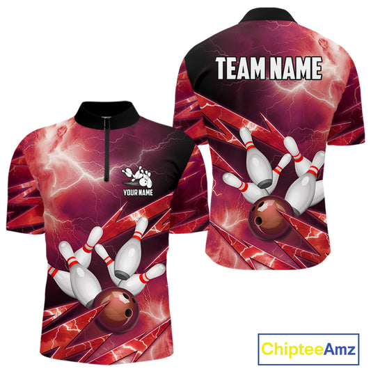 Red Storm Lightning Thunder Bowling Polo, Quarter Zip Shirt For Men Custom Bowling Team Jersey NQS11718