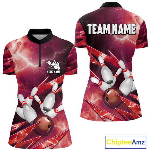 Red Storm Lightning Thunder Bowling Polo, Quarter Zip Shirt For Women Custom Bowling Team Jersey NQS11718