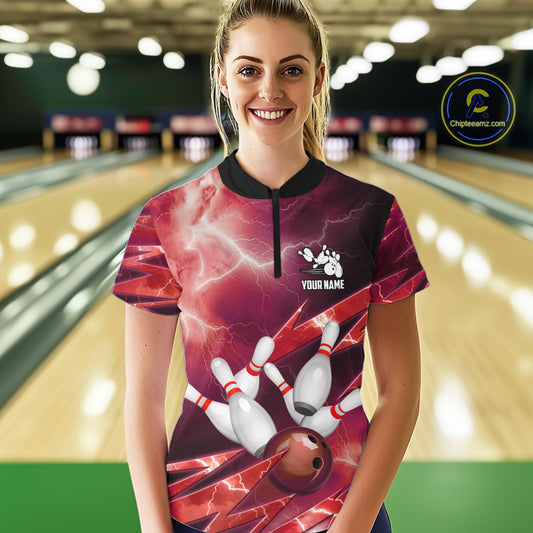 Red Storm Lightning Thunder Bowling Polo, Quarter Zip Shirt For Women Custom Bowling Team Jersey NQS11718