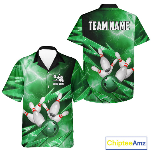 Green Storm Lightning Thunder Bowling Button-up Shirt Custom Hawaiian Bowling Team Jersey NQS11719