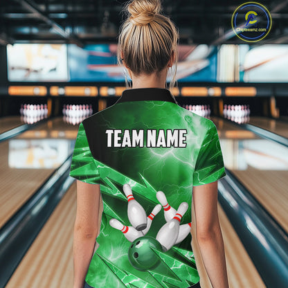 Green Storm Lightning Thunder Bowling Polo, Quarter Zip Shirt For Women Custom Bowling Team Jersey NQS11719