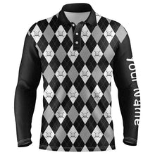 Load image into Gallery viewer, Black argyle plaid pattern Mens golf polo shirts custom golf attire for men, men&#39;s golf apparel NQS7422