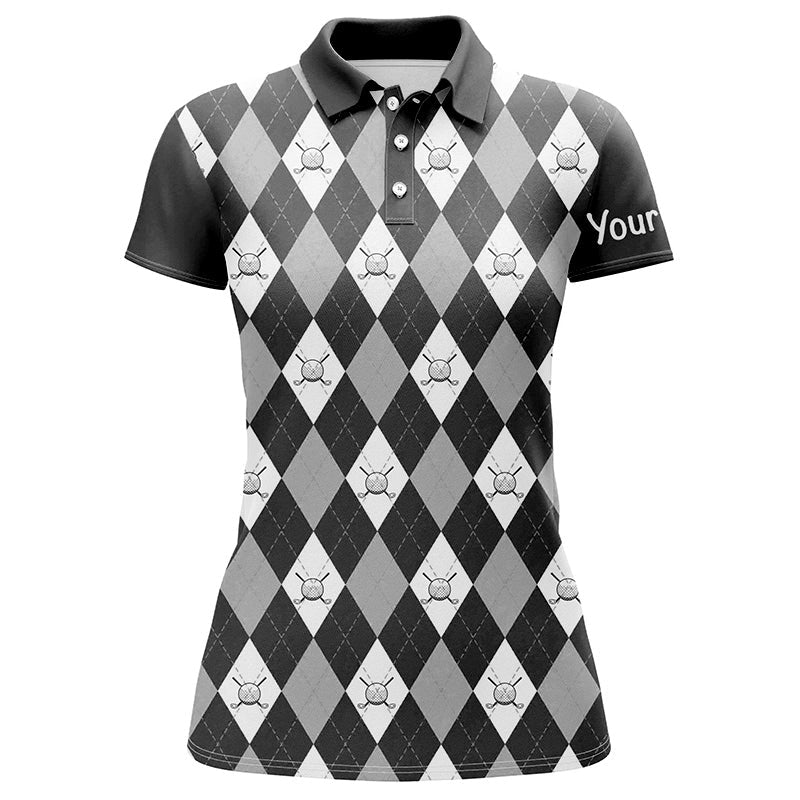 Black argyle plaid pattern Womens golf polos shirts custom golf shirts for women, ladies golf polo NQS7422