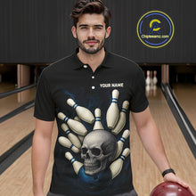 Load image into Gallery viewer, Black and Blue Skull Bowling Ball and Pins Bowling Shirts For Men Custom skull team bowling jerseys NQS9850