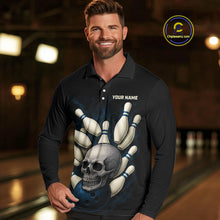 Load image into Gallery viewer, Black and Blue Skull Bowling Ball and Pins Bowling Shirts For Men Custom skull team bowling jerseys NQS9850