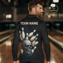 Load image into Gallery viewer, Black and Blue Skull Bowling Ball and Pins Bowling Shirts For Men Custom skull team bowling jerseys NQS9850