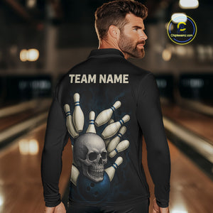 Black and Blue Skull Bowling Ball and Pins Bowling Shirts For Men Custom skull team bowling jerseys NQS9850
