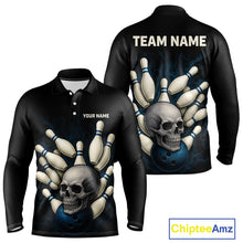 Load image into Gallery viewer, Black and Blue Skull Bowling Ball and Pins Bowling Shirts For Men Custom skull team bowling jerseys NQS9850