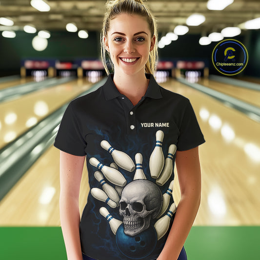 Black and Blue Skull Bowling Ball and Pins Bowling Shirts For Women Custom skull team bowling jerseys NQS9850