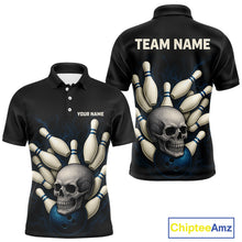 Load image into Gallery viewer, Black and Blue Skull Bowling Ball and Pins Bowling Shirts For Men Custom skull team bowling jerseys NQS9850
