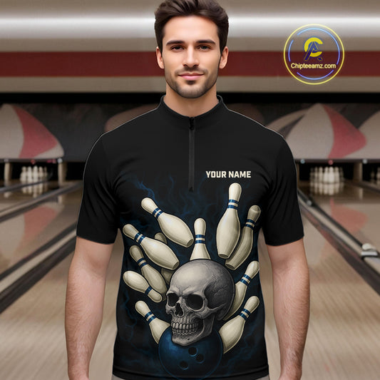 Black and Blue Skull Bowling Ball and Pins Bowling Shirts For Men Custom skull team bowling jerseys NQS9850