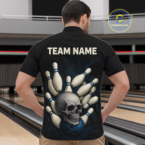 Black and Blue Skull Bowling Ball and Pins Bowling Shirts For Men Custom skull team bowling jerseys NQS9850