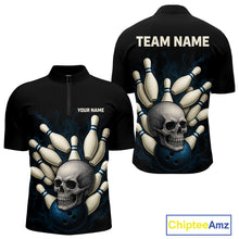 Load image into Gallery viewer, Black and Blue Skull Bowling Ball and Pins Bowling Shirts For Men Custom skull team bowling jerseys NQS9850
