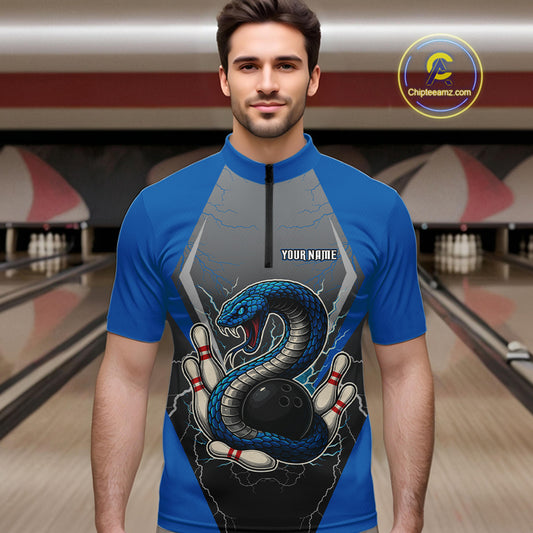 Blue Lightning Thunder Cobra Snake Custom Bowling Shirts For Men, Bowling Team Shirt With Names NQS9851