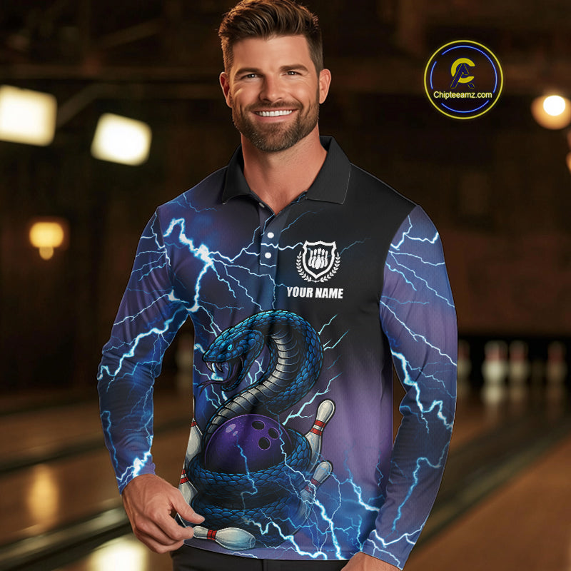 Personalized Black And Blue Thunder Lightning Cobra Snake Bowling Shirts For Men, Bowling Team Uniform NQS9852