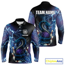 Load image into Gallery viewer, Personalized Black And Blue Thunder Lightning Cobra Snake Bowling Shirts For Men, Bowling Team Uniform NQS9852