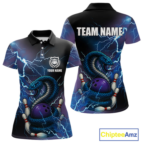 Personalized Blue Thunder Lightning Cobra Snake Bowling Shirts For Women, Bowling Team Uniform NQS9852