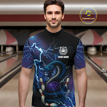 Load image into Gallery viewer, Personalized Black And Blue Thunder Lightning Cobra Snake Bowling Shirts For Men, Bowling Team Uniform NQS9852