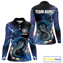 Load image into Gallery viewer, Blue Lightning Thunder Cobra Snake Bowling Polo, 1/4 Zip Shirts For Women Custom Bowling Team Uniform NQS9853