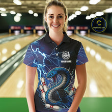Load image into Gallery viewer, Blue Lightning Thunder Cobra Snake Bowling Polo, 1/4 Zip Shirts For Women Custom Bowling Team Uniform NQS9853