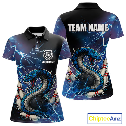 Blue Lightning Thunder Cobra Snake Bowling Polo, 1/4 Zip Shirts For Women Custom Bowling Team Uniform NQS9853