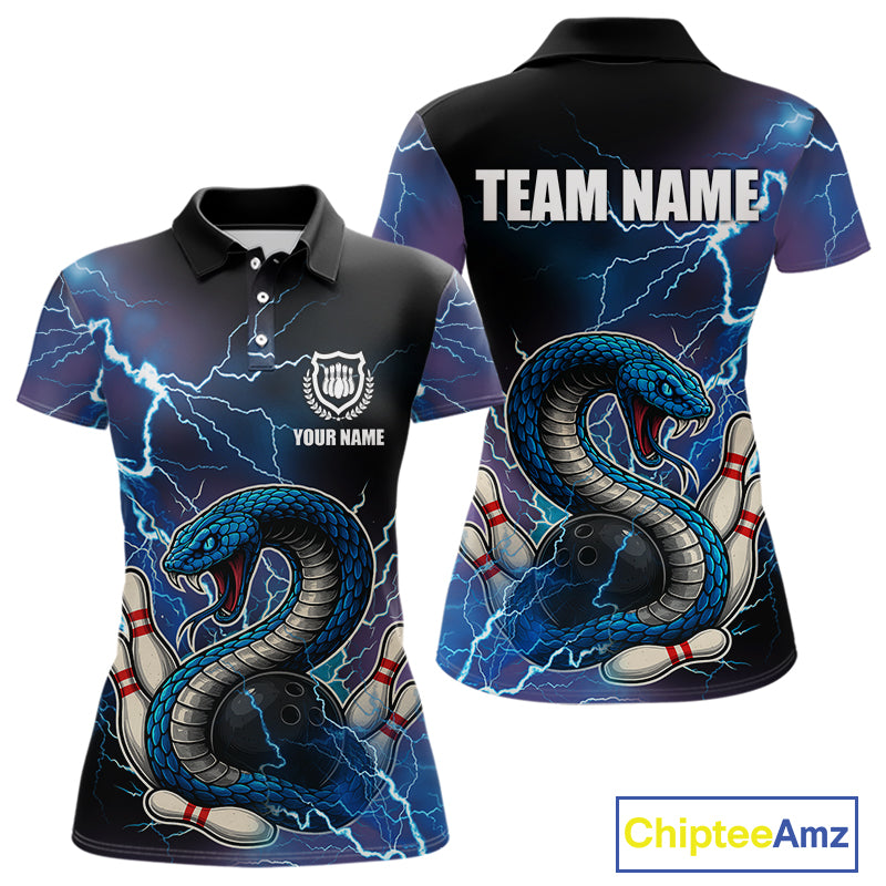 Blue Lightning Thunder Cobra Snake Bowling Polo, 1/4 Zip Shirts For Women Custom Bowling Team Uniform NQS9853