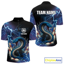 Load image into Gallery viewer, Blue Lightning Thunder Cobra Snake Bowling Polo, 1/4 Zip Shirts For Men Custom Bowling Team Uniform NQS9853