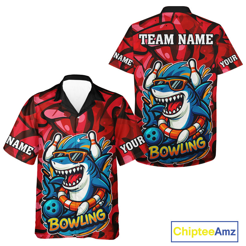 Funny Red Camo Shark Hawaiian bowling shirt Custom Team Shark Bowling Outfit Bowling Button Up Shirt NQS10076