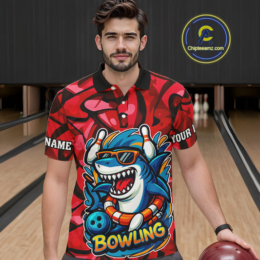 Funny Red Camo Shark Men Bowling Polo, Quarter Zip Shirts Custom Team Shark Bowling Outfit Jersey NQS10076