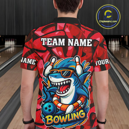 Funny Red Camo Shark Men Bowling Polo, Quarter Zip Shirts Custom Team Shark Bowling Outfit Jersey NQS10076